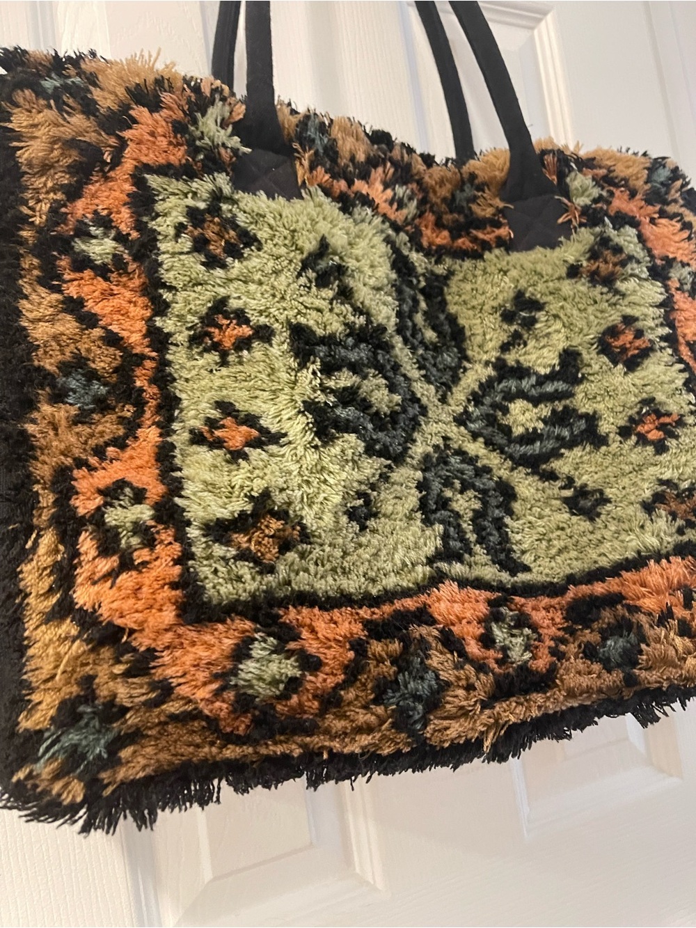 Faux Shag Rug Mosaic Tote Bag in Olive & Rust - Picture 3 of 16